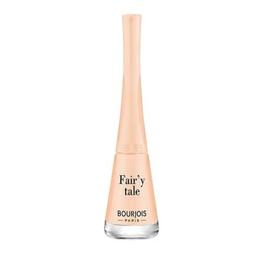 Flacone di smalto con tappo e flacone rosa chiaro. Scritta 'Fair'y tale' e 'Bourjois'.