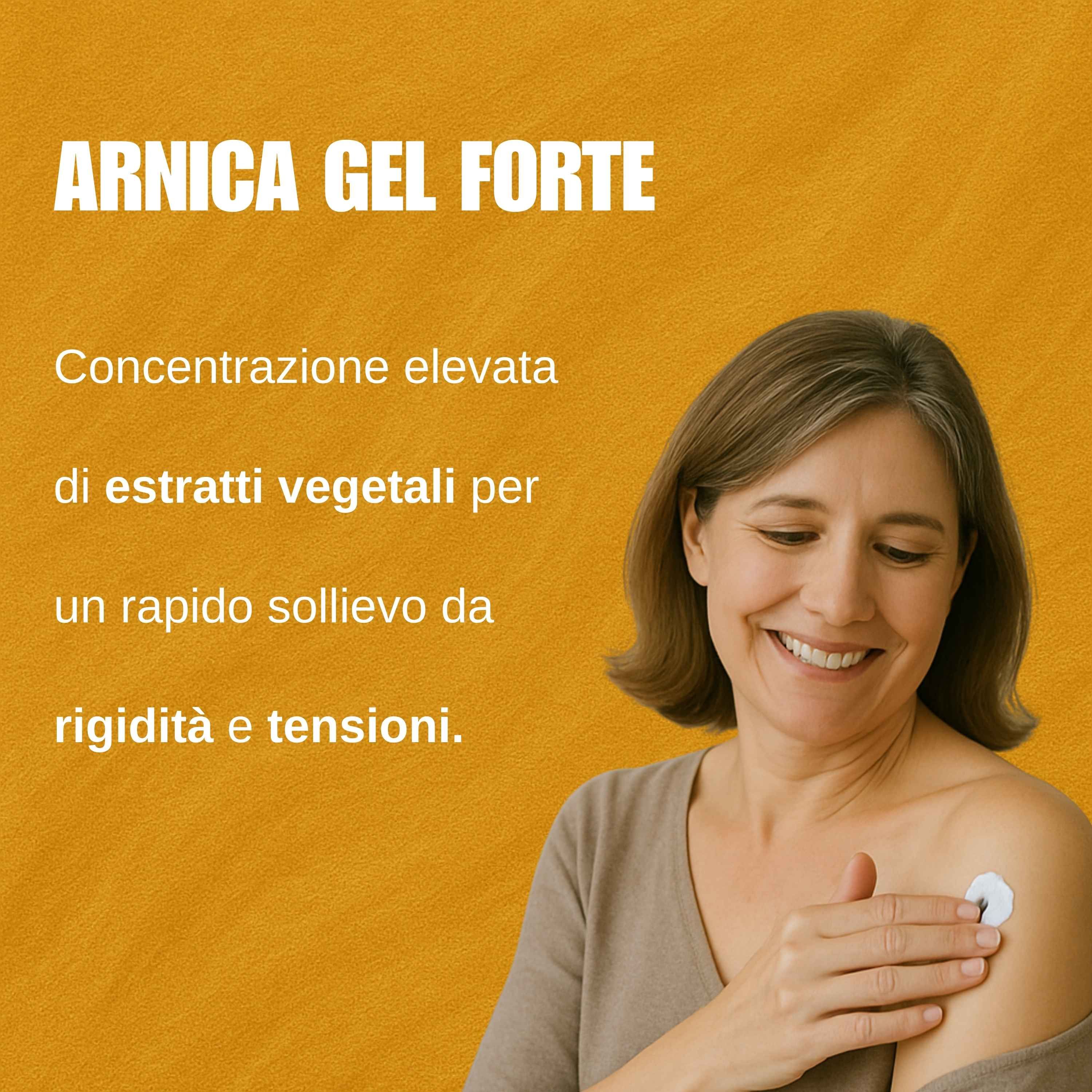 Donna tocca cerotto sulla spalla. Testo: Arnica Gel Forte. Alta concentrazione di estratti vegetali.