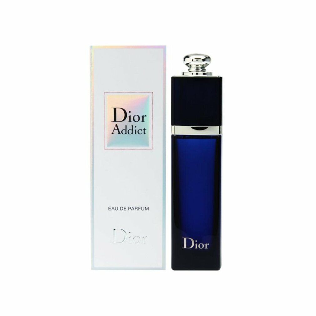 Flacone e confezione Dior Addict Eau de Parfum. Flacone blu scuro, tappo argentato. Confezione bianca con logo.