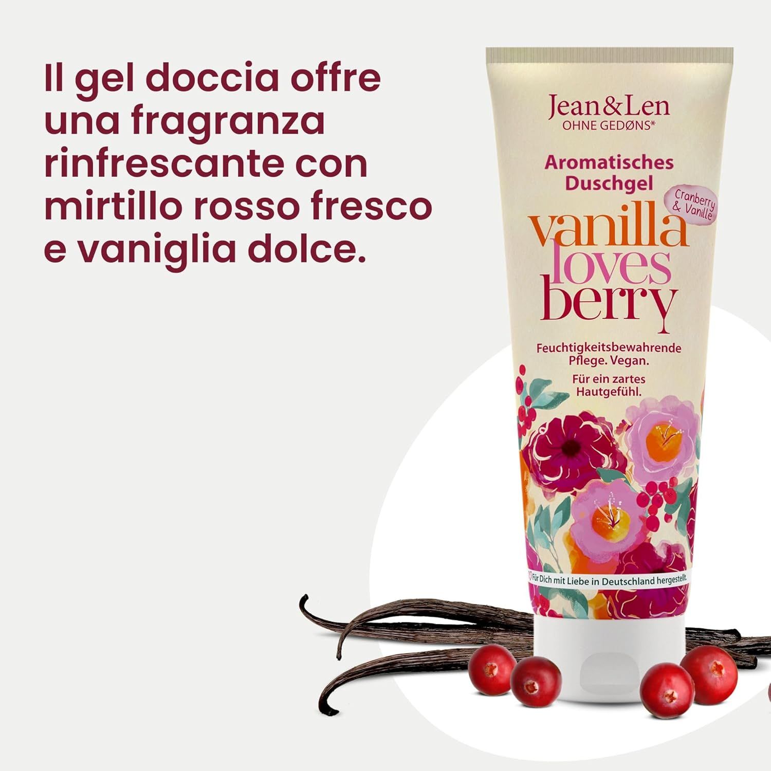 Tubo di gel doccia, testo: Gel doccia aromatico, Vanilla loves Berry. Mirtillo rosso e vaniglia. Baccelli di vaniglia e mirtilli rossi accanto.