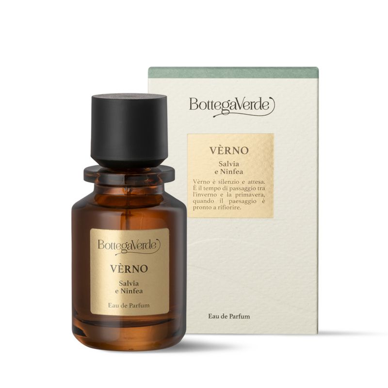 Flacone di Eau de Parfum Bottega Verde Vèrno accanto alla sua confezione.