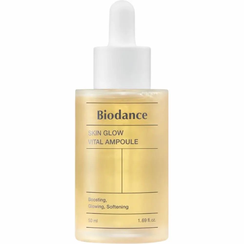 Flacone di siero con pipetta. Scritta: Biodance Skin Glow Vital Ampoule. Contiene 50 ml.
