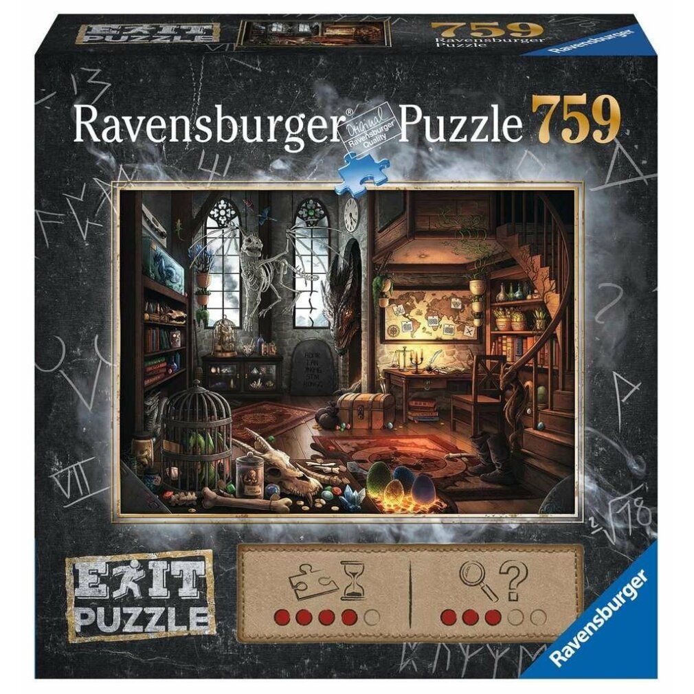 Scatola puzzle "Exit Puzzle Im Drachenlabor". Immagine di una stanza con scheletro di drago, libri e gabbia. Marchio Ravensburger.