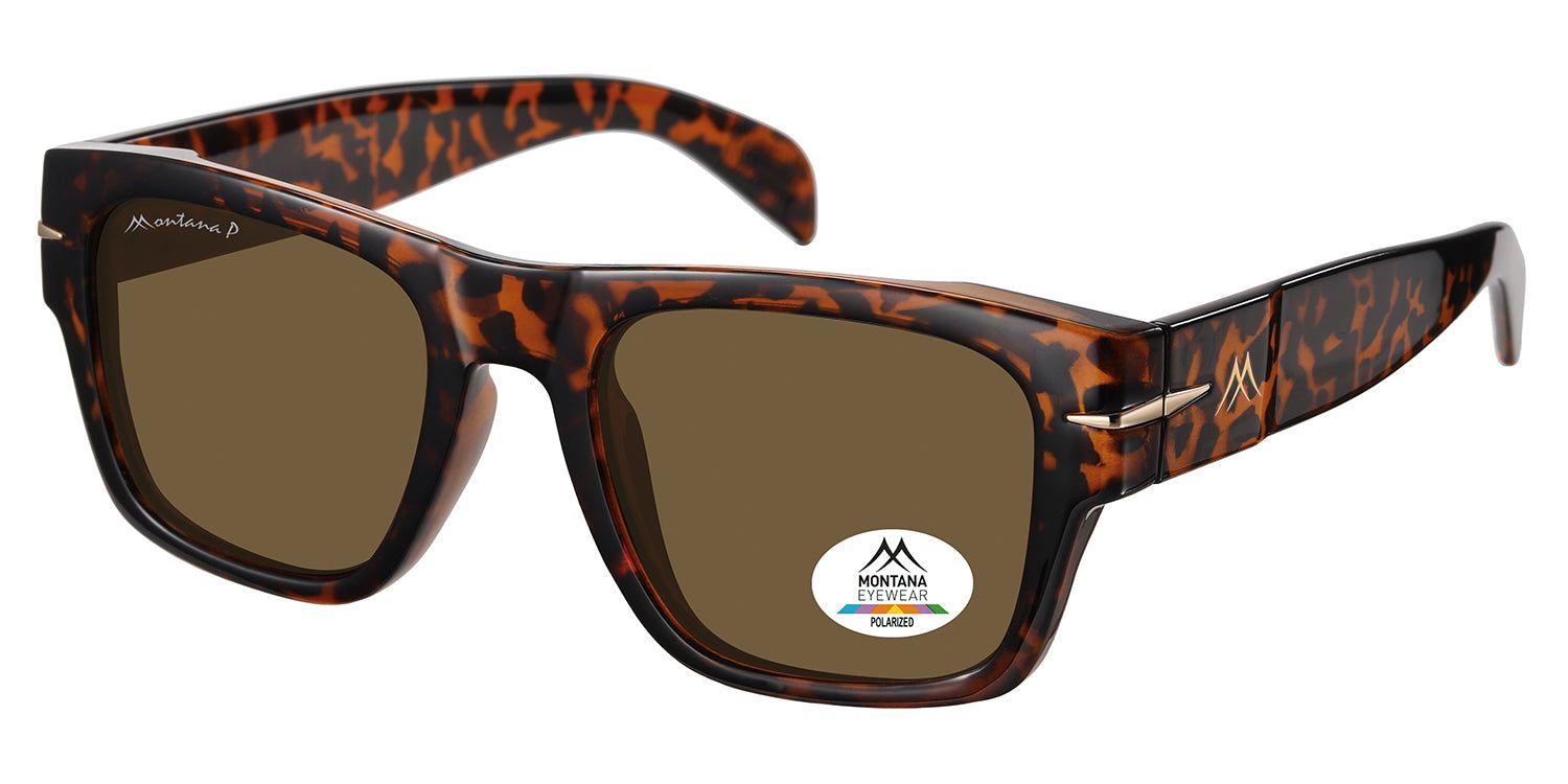 Occhiali da sole marroni con motivo tartarugato. Logo "MONTANA EYEWEAR" sulla stanghetta. Polarizzati.