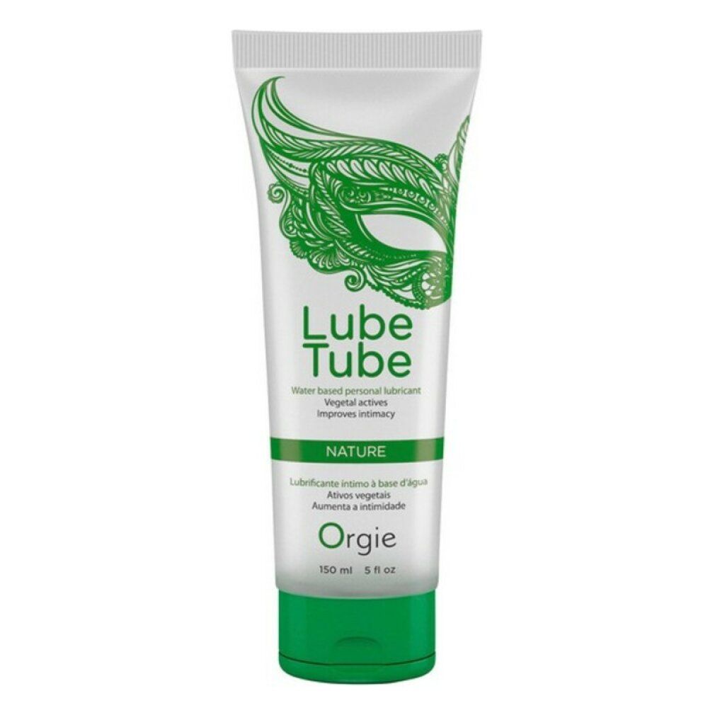 Tubo di crema con design verde e testo. Scritta: Lube Tube, Nature, Orgies. Chiusura verde.
