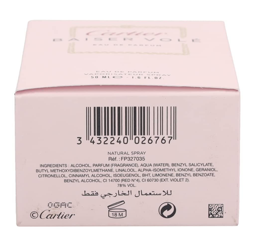 Retro di una confezione in cartone rosa. Codice a barre, ingredienti, 78% Vol., logo Cartier, simboli di riciclo e durata di apertura.