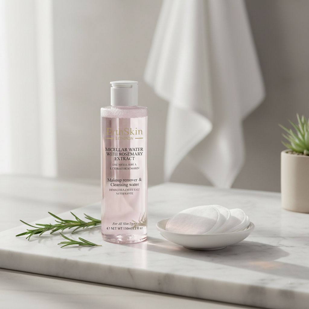 Acqua micellare ErthSkin London con estratto di rosmarino su piano in marmo con dischetti di cotone e rametto di rosmarino.
