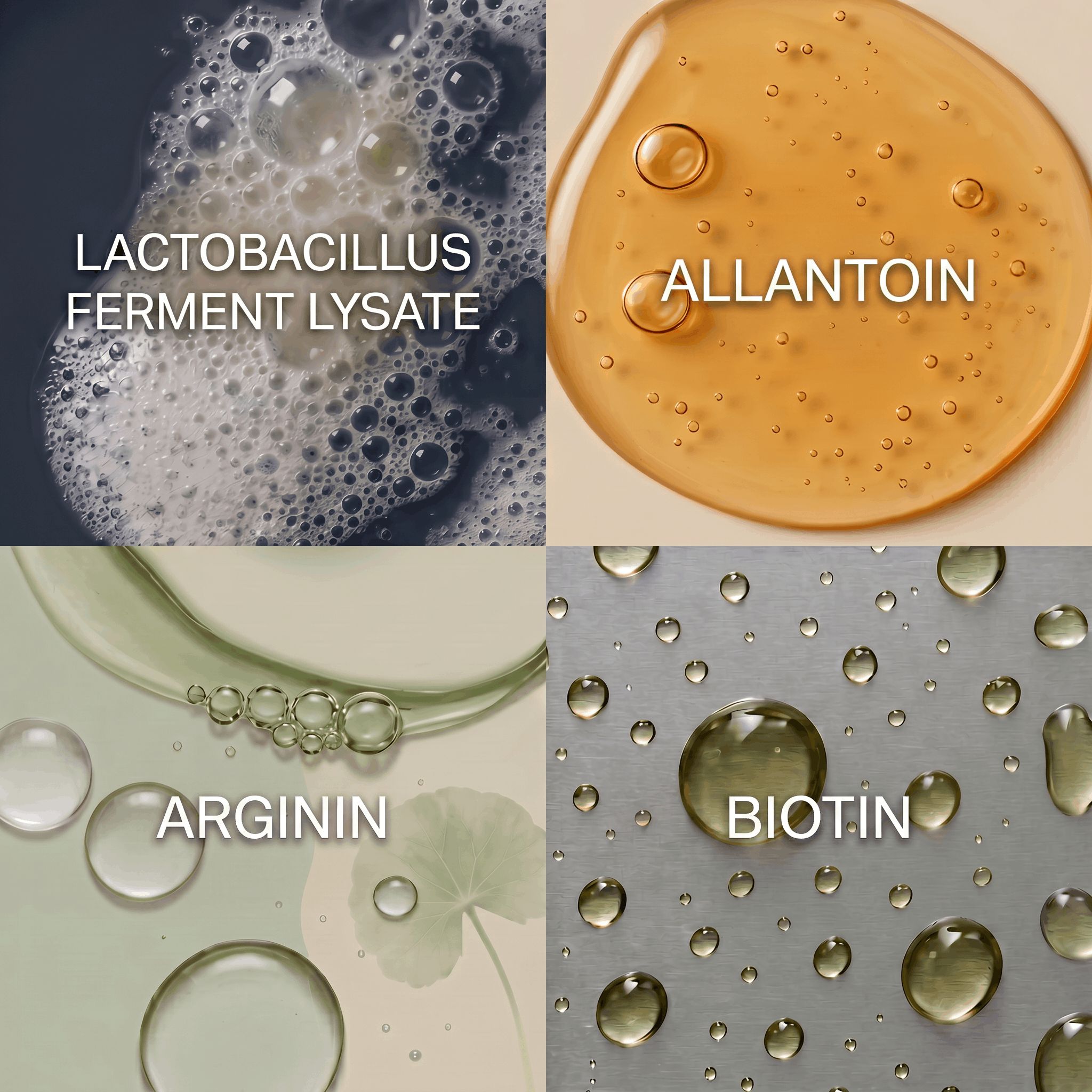 Quattro quadrati mostrano ingredienti: schiuma, allantoina, arginina, gocce di biotina.