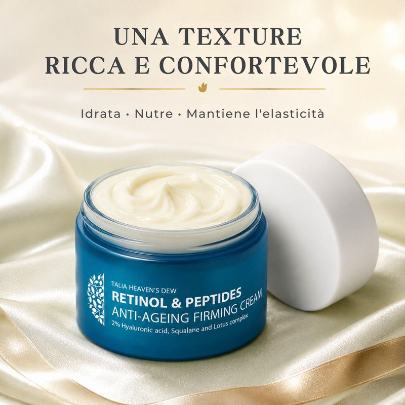 Crema rassodante anti-età Talia Heaven's Dew Retinol & Peptides, 50ml, aperta.