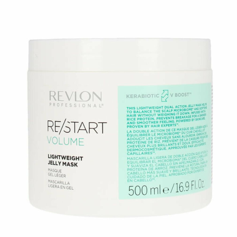 Vaso bianco con etichetta prodotto. Scritta: Revlon Professional, Re/Start Volume, Lightweight Jelly Mask. 500 ml.
