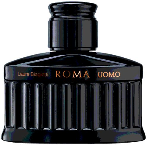 Flacone nero con scritta dorata ROMA UOMO. Lati scanalati, tappo nero.