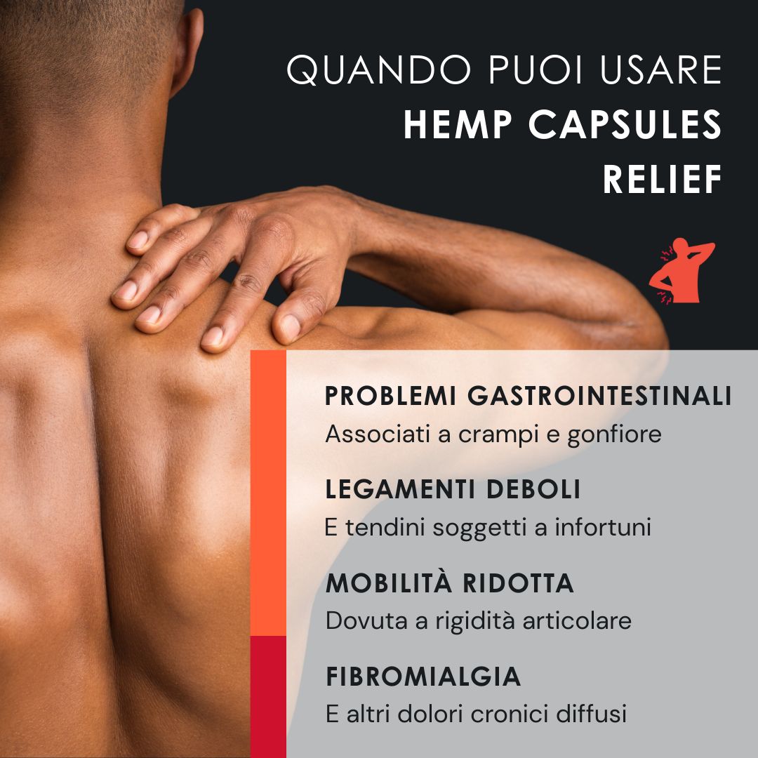 Testo sull'uso di Hemp Capsules Relief per problemi gastrointestinali, legamenti deboli, mobilità ridotta e fibromialgia.