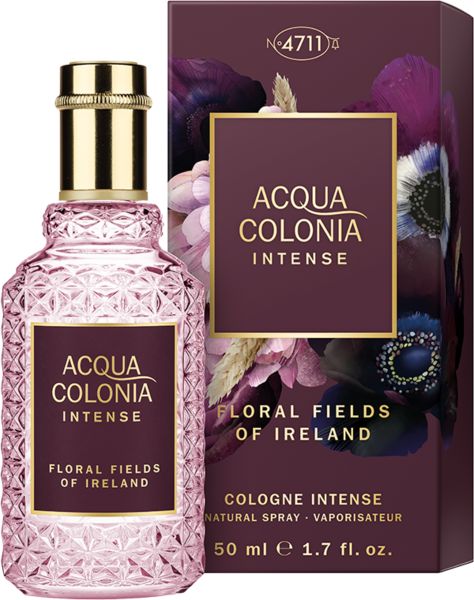 Flacone e confezione. Scritta: ACQUA COLONIA INTENSE FLORAL FIELDS OF IRELAND. 50 ml. Motivo floreale sulla confezione.