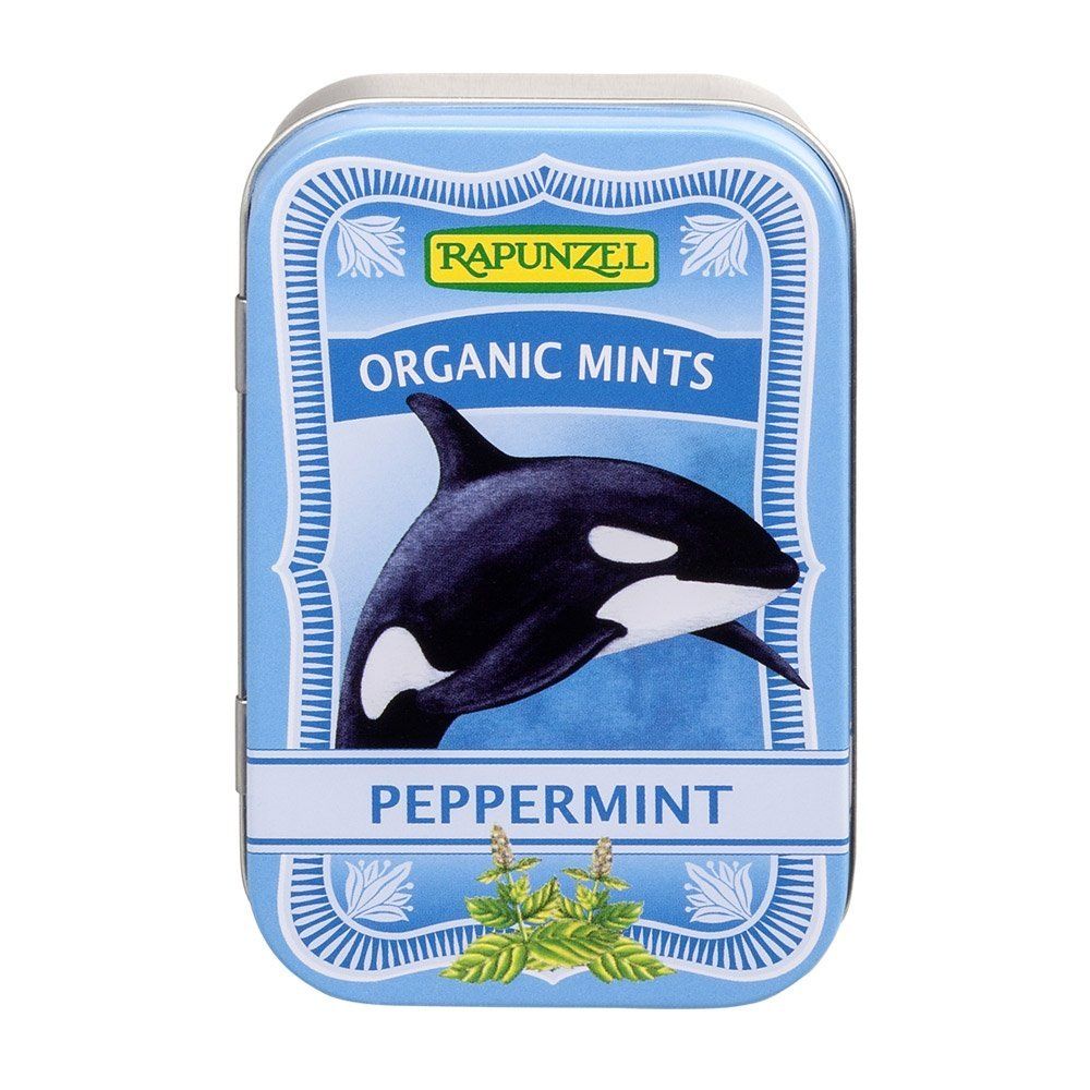Caramelle biologiche Rapunzel alla menta, gusto menta piperita, con orca, in scatola blu.