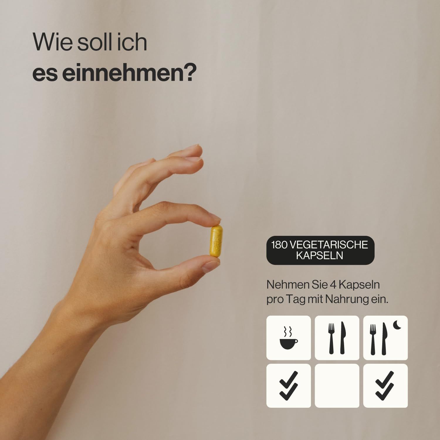 Mano che tiene una capsula gialla. Testo: 180 capsule vegetariane. Assunzione: 4 capsule al giorno con cibo.
