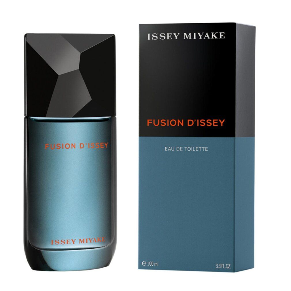 Flacone e confezione. Flacone blu con tappo nero. Confezione blu-nera. Scritta "Fusion d'Issey".