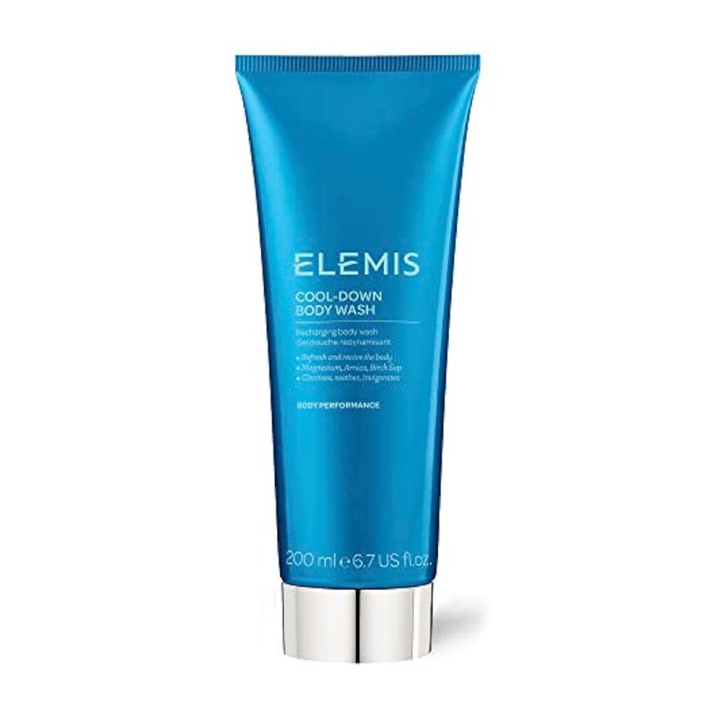 Tubo blu-argento con scritta Elemis Cool-Down Body Wash. Capacità: 200 ml / 6.7 US fl oz.