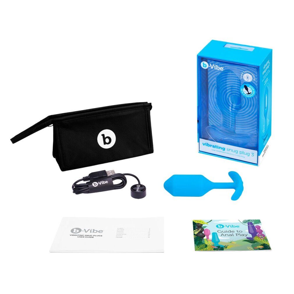 Set prodotto: Plug, cavo di ricarica, custodia, istruzioni. Plug blu, a forma di goccia. Custodia nera con logo. Cavo USB.