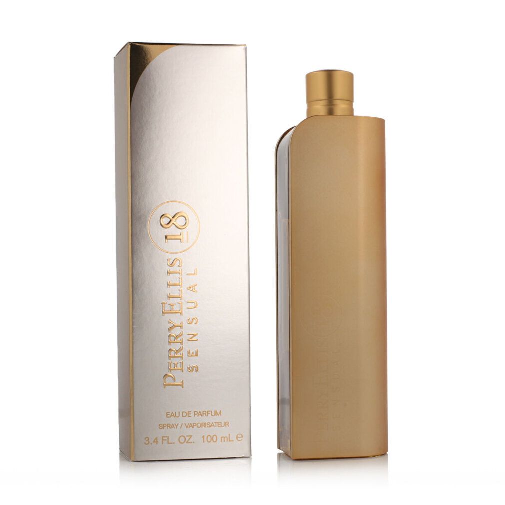 Flacone e confezione dorati. Scritta: Perry Ellis 18 Sensual. Eau de Parfum Spray. 100 ml.