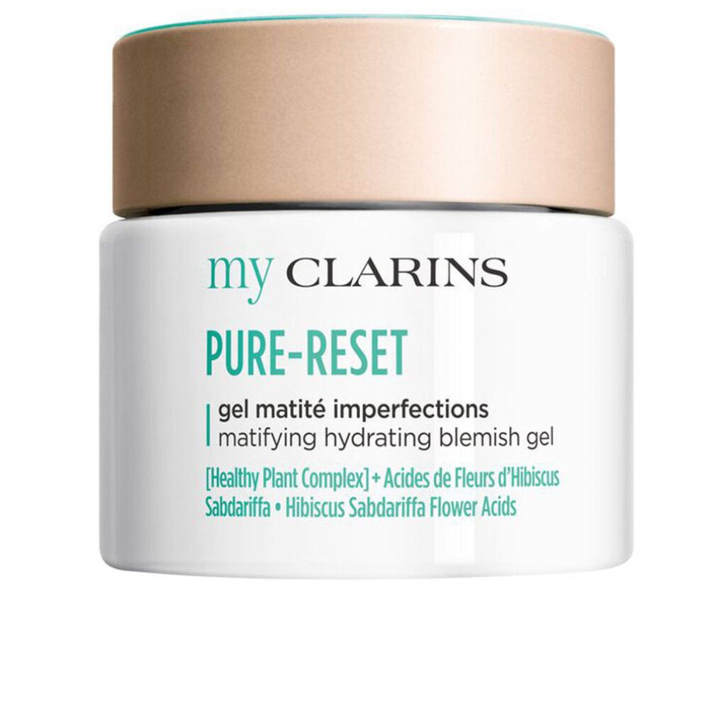 Vaso bianco con coperchio beige. Scritta: my CLARINS PURE-RESET, gel matité imperfections, matifying hydrating blemish gel.