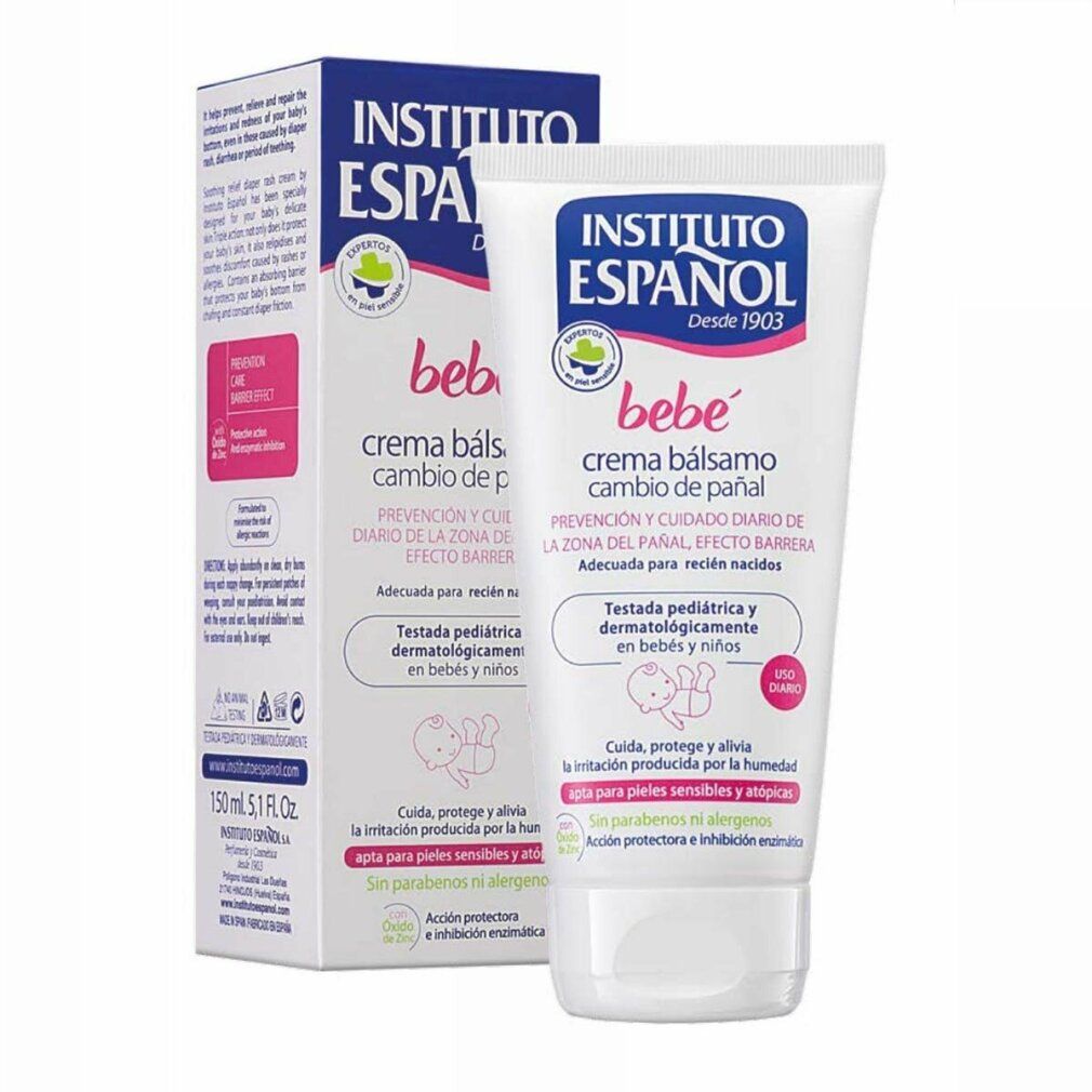 Instituto Español Baby Balm Cream. Tubo e scatola. Testo: bebé, crema bálsamo cambio de pañal. Per pelli sensibili.
