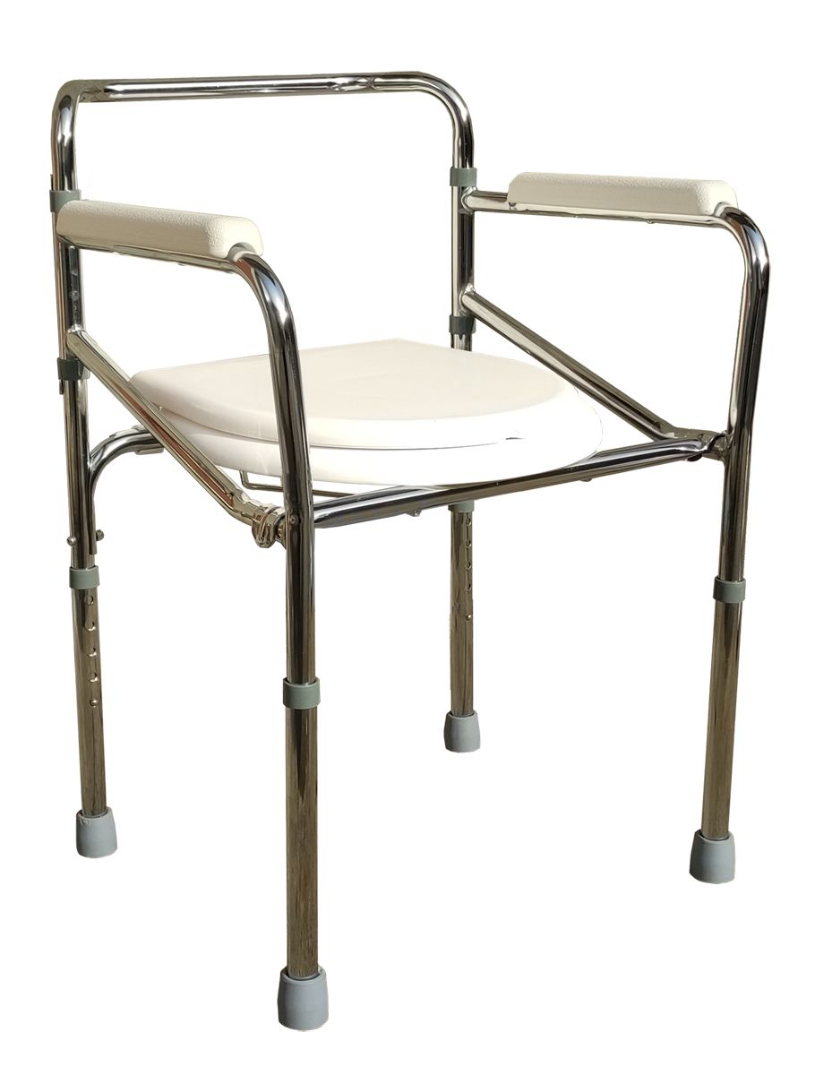 Sedia da toilette con sedile bianco, braccioli e gambe regolabili. Struttura in metallo.