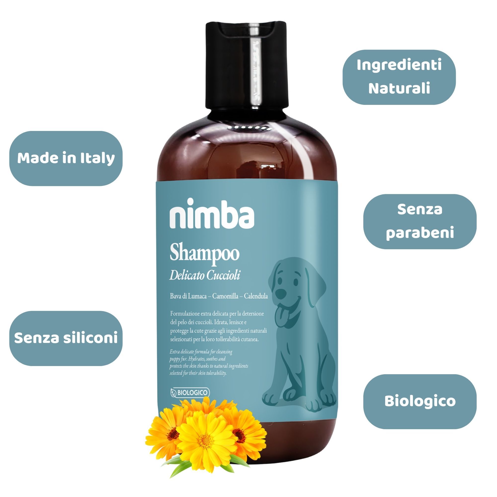 Flacone di shampoo marrone con etichetta blu. Scritta: Nimba Shampoo, Delicato Cuccioli. Etichette aggiuntive: Senza siliconi, Senza parabeni, Biologico.