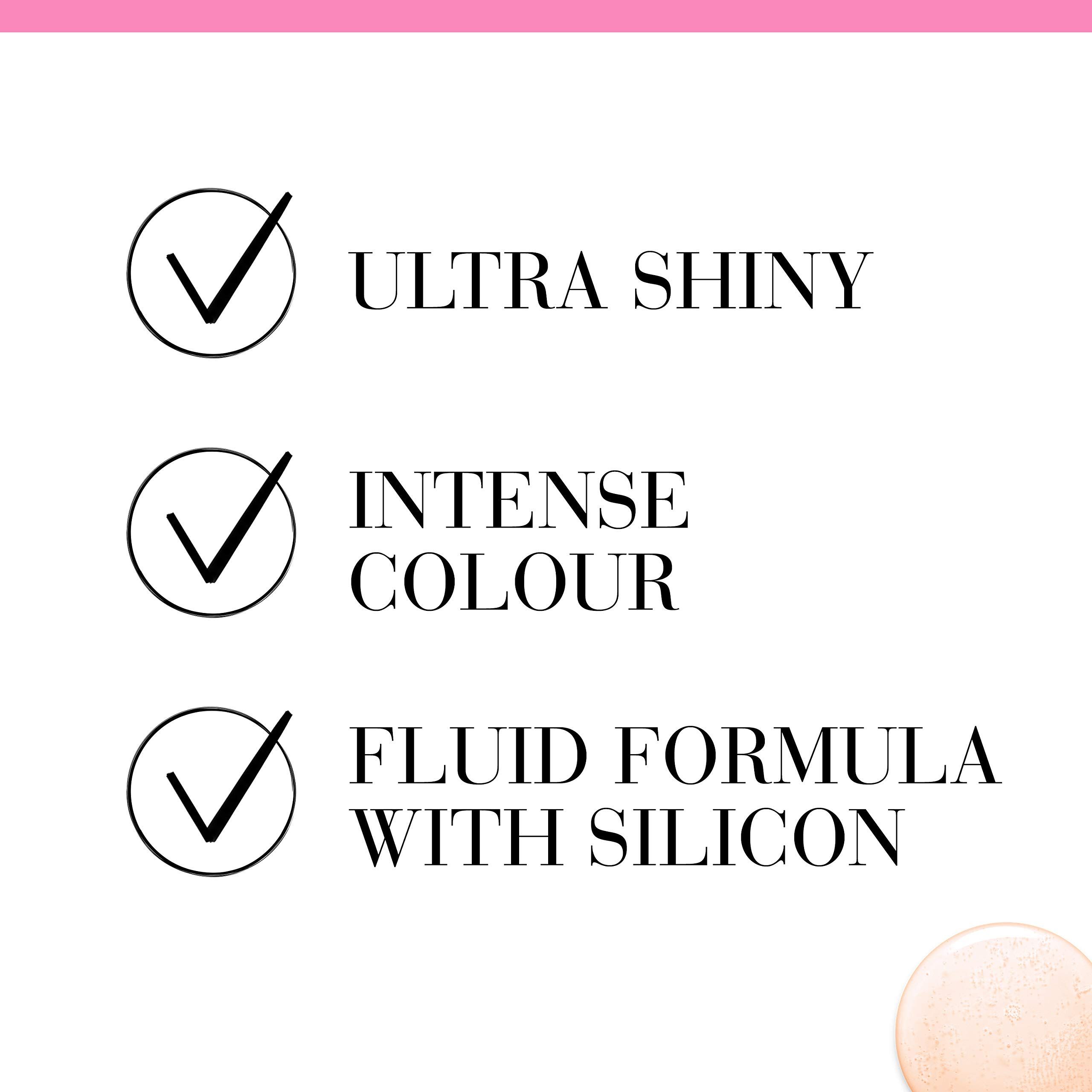 Testo con le parole Ultra Shiny, Intense Colour, Fluid Formula with Silicon.