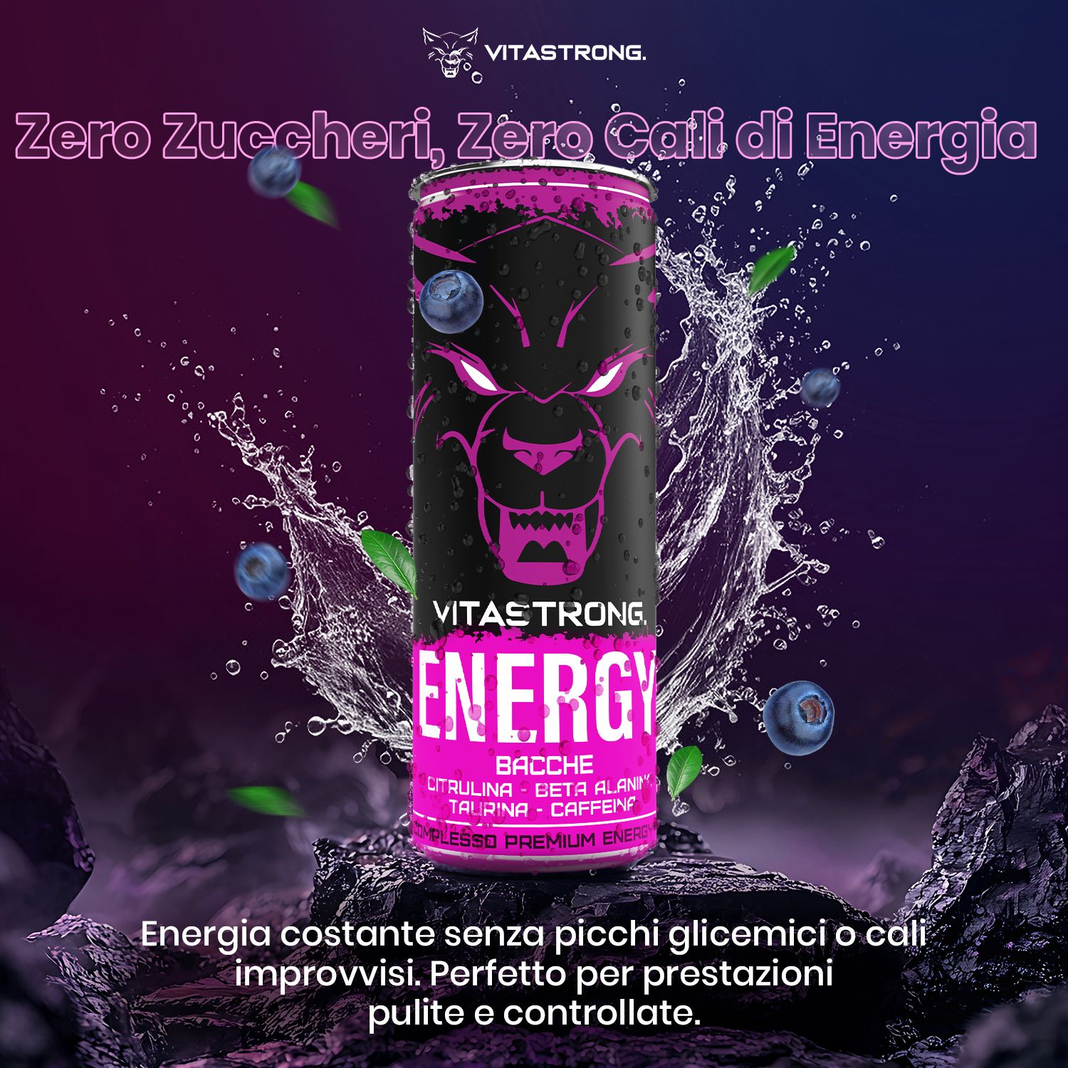 Lattina Vitastrong Energy Berries, bacche blu, testo. Zero zuccheri, zero calorie, energia.
