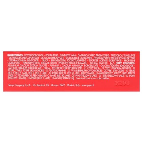 Confezione rettangolare rossa con testo bianco. Contiene ingredienti e informazioni aziendali. Testo: Made in Italy.