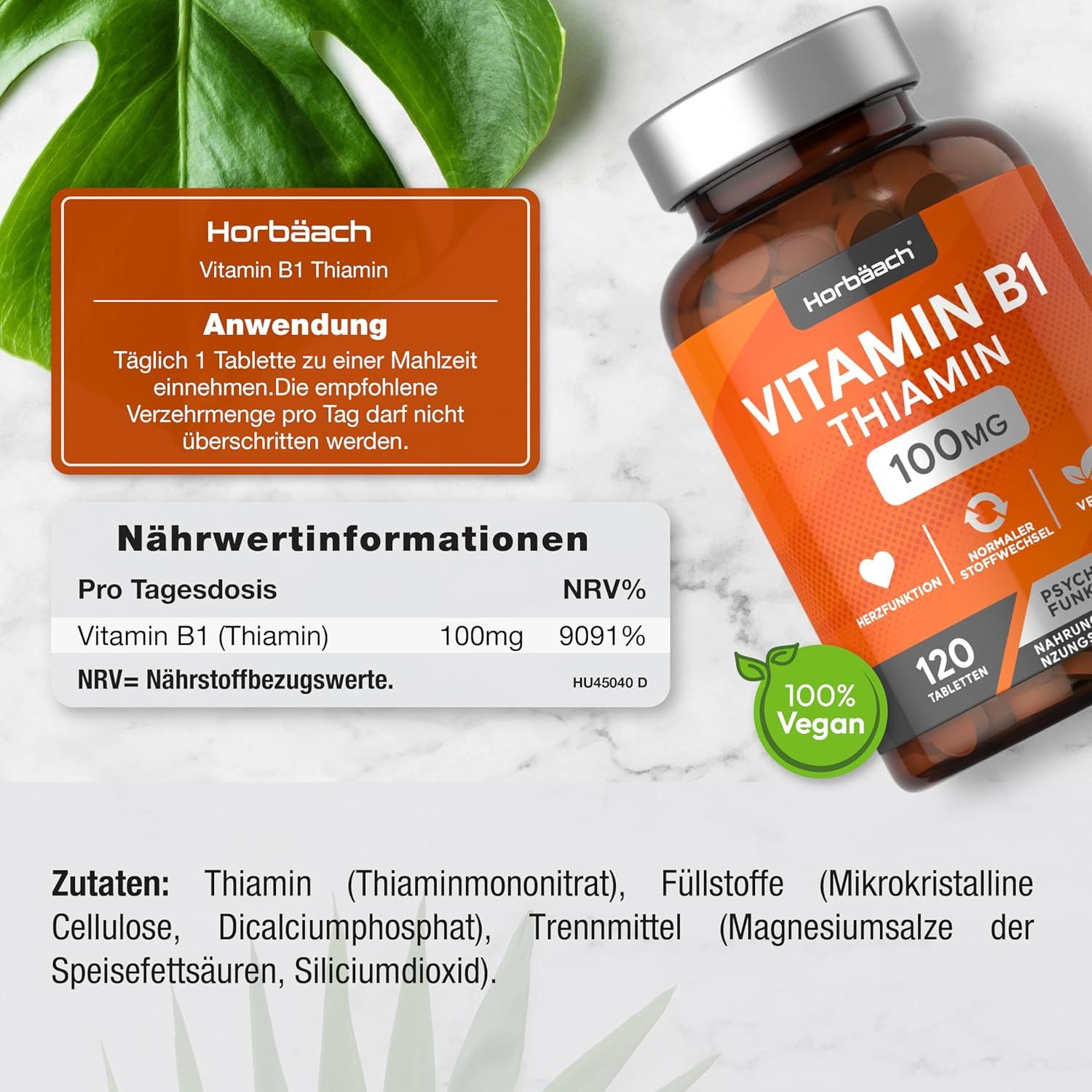 Flacone di compresse Horbaach Vitamina B1 Tiamina. Etichetta arancione con testo bianco. 120 compresse, 100mg. Vegan.