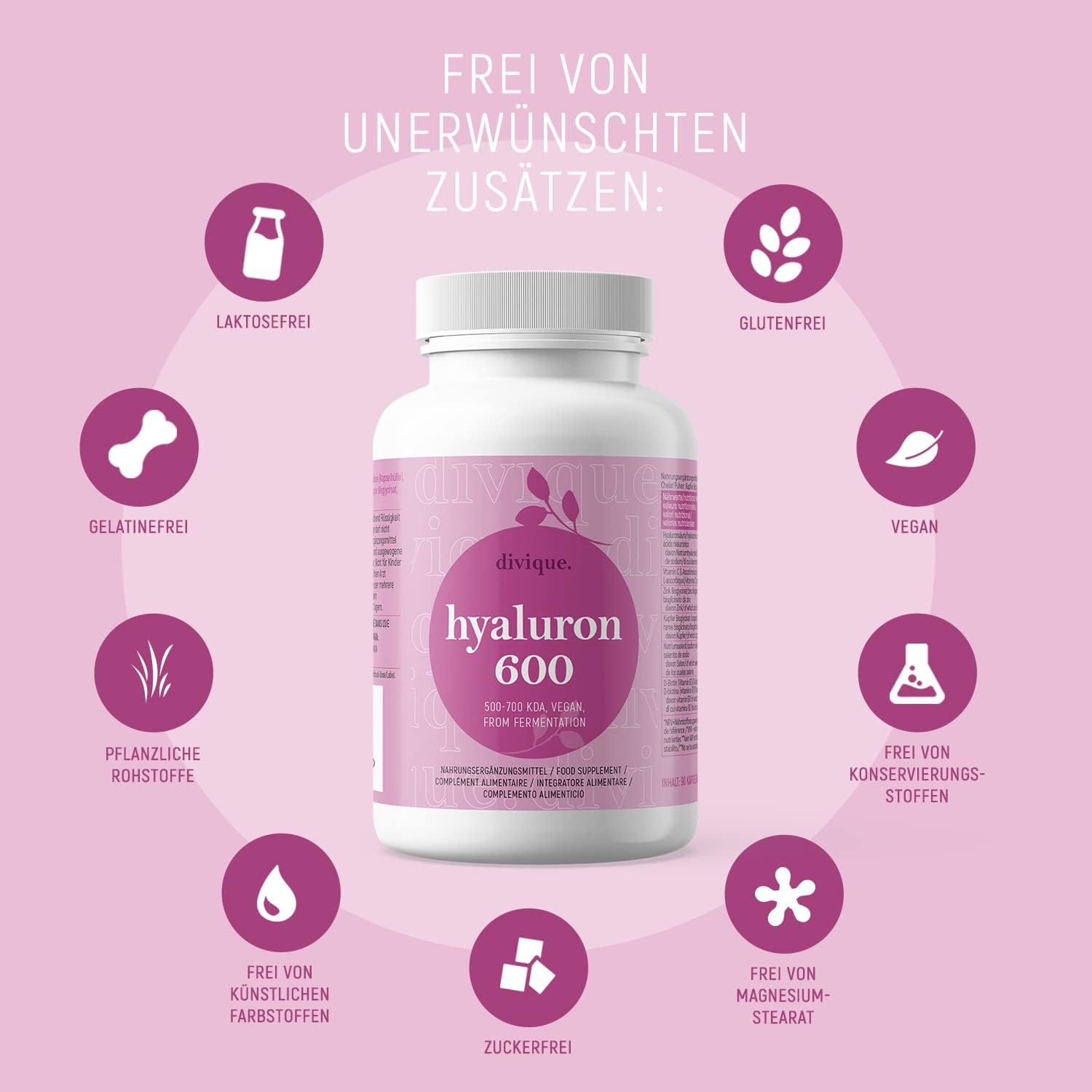 Flacone Divique Hyaluron 600. Testo: Senza lattosio, senza glutine, senza gelatina, vegano, materie prime vegetali, senza zucchero, senza conservanti, senza stearato di magnesio, senza coloranti artificiali.