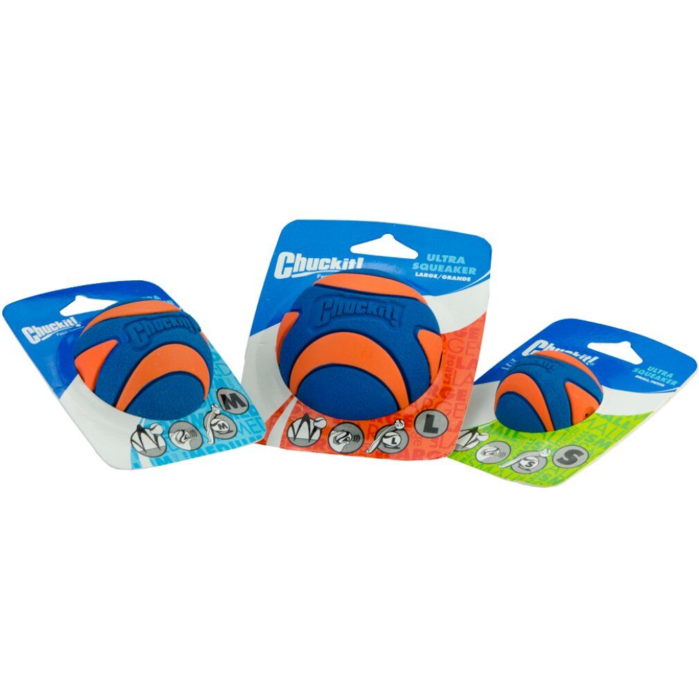Tre palline in blister. Taglie: M, L, S. Colori: blu e arancione. Scritta: Chuckit! Ultra Squeaker.