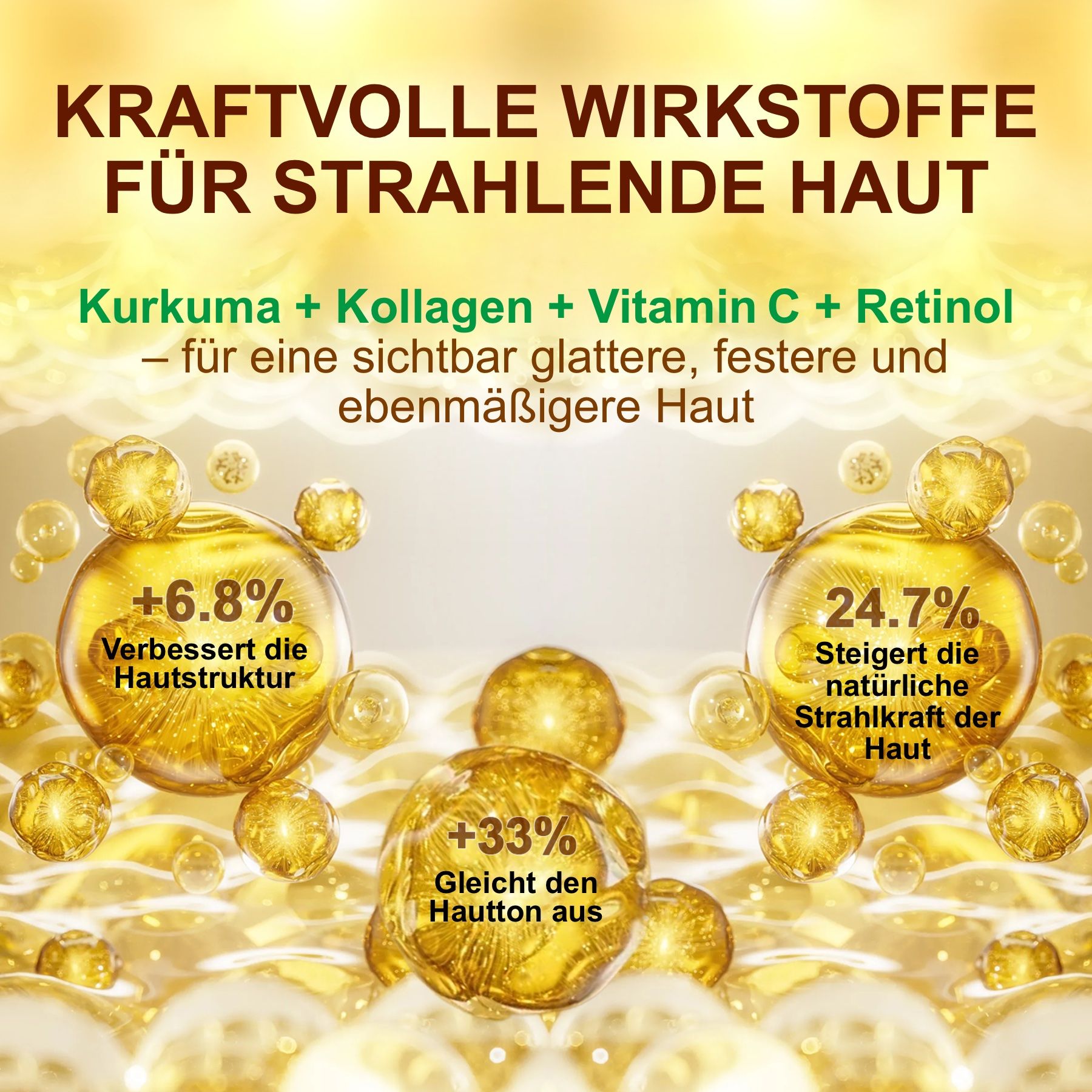 Grafica con ingredienti attivi: curcuma, collagene, vitamina C, retinolo.