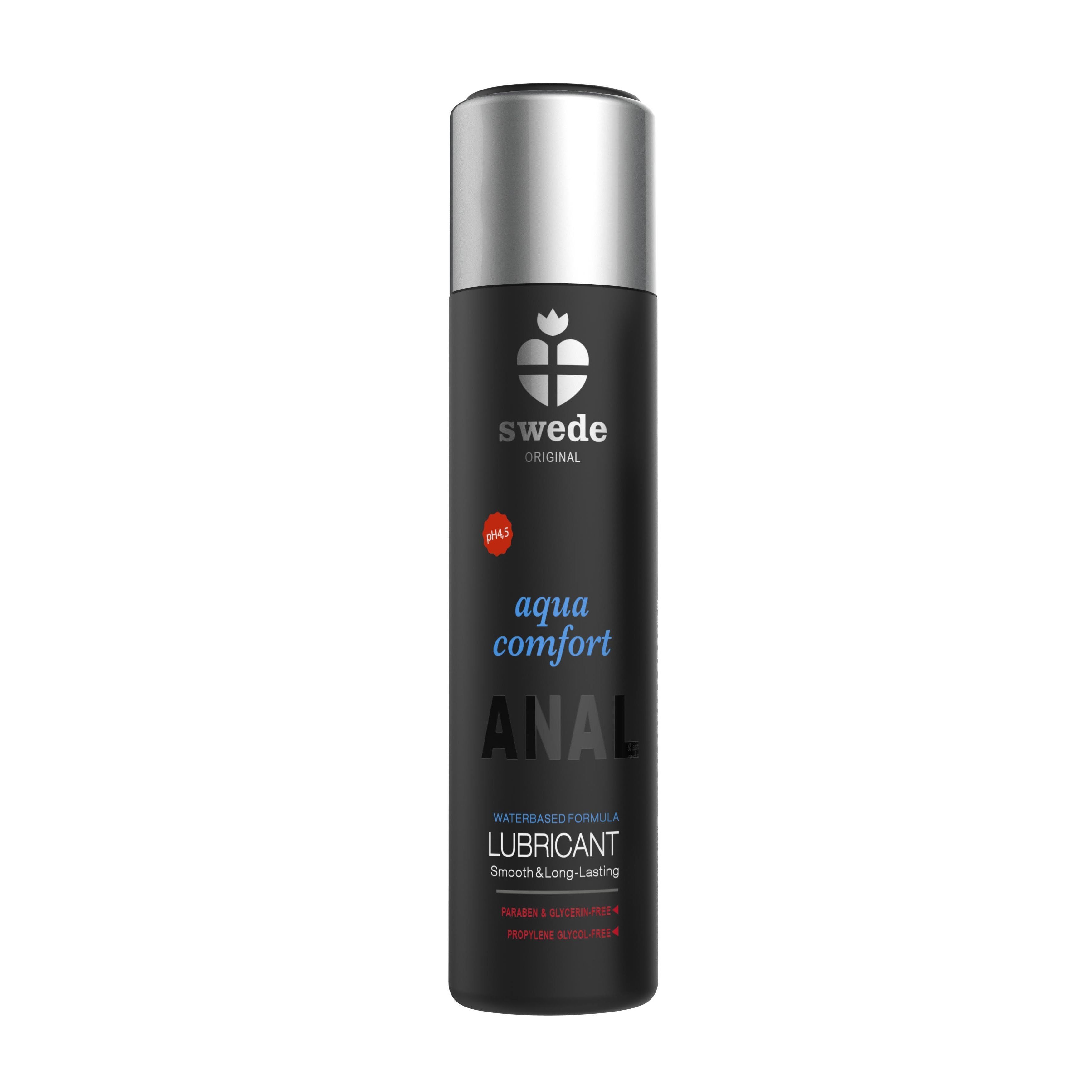 Flacone nero con tappo argentato. Scritta: Swede Original, Aqua Comfort Anal, Lubricant. Simbolo pH.