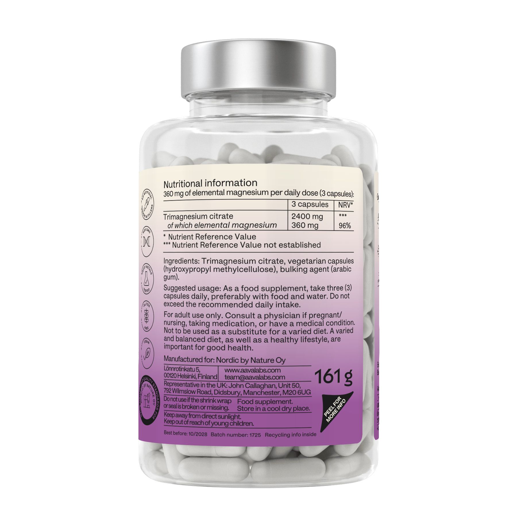 Retro del flacone con informazioni nutrizionali. Contiene informazioni sugli ingredienti e sul dosaggio.