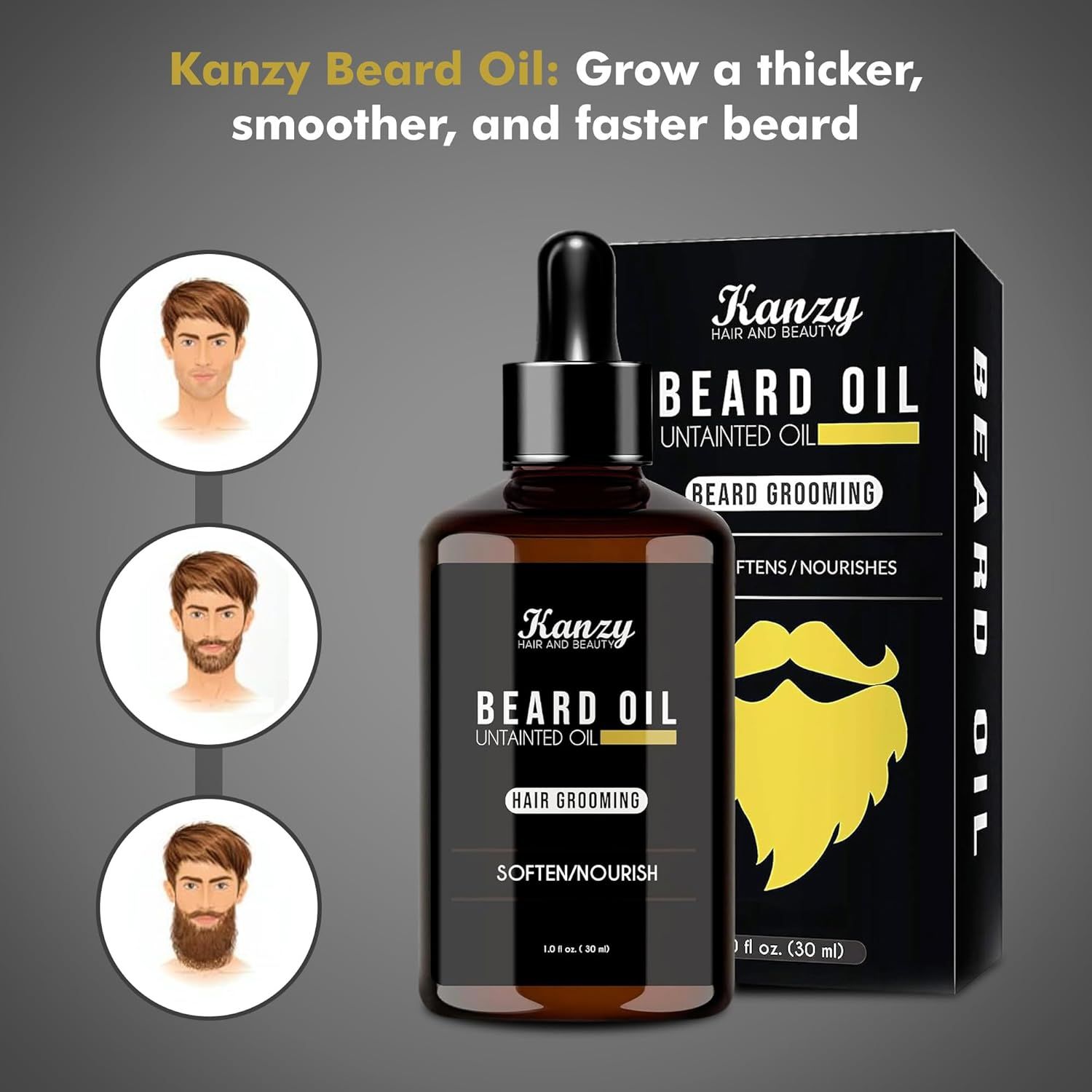 Flacone di vetro marrone con pipetta e confezione. Testo: Kanzy Beard Oil. Olio per barba per barba più folta.