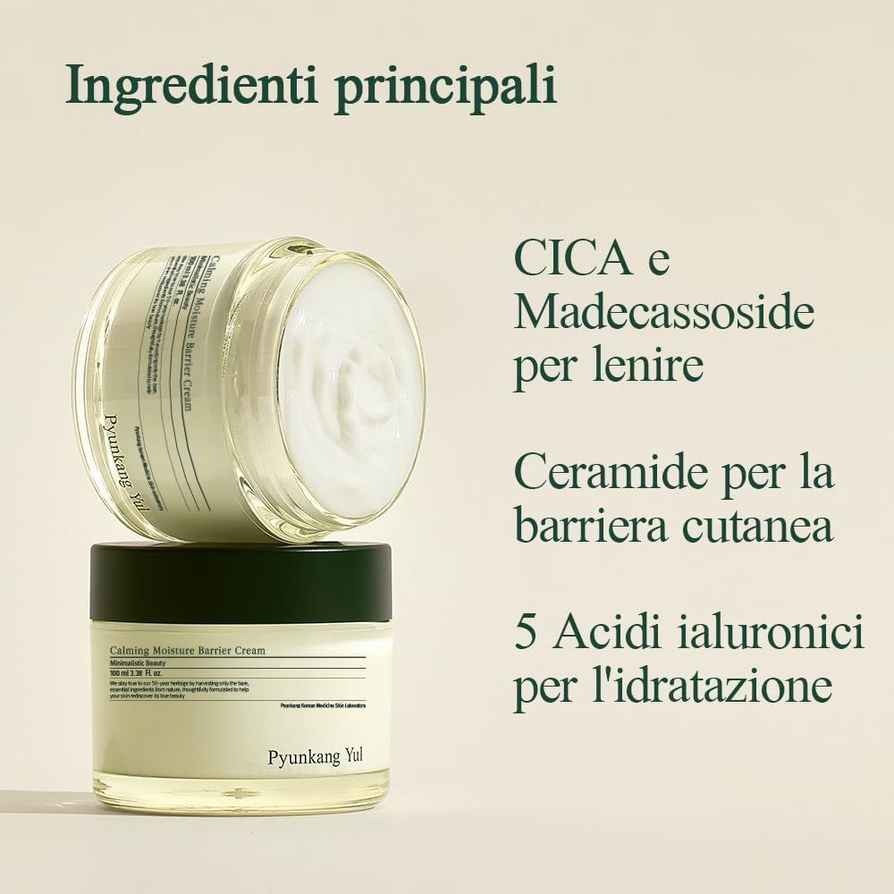 Due vasetti di crema sovrapposti. Testo: CICA e Madecassoside, Ceramidi, 5 Acidi Ialuronici. Scritta: Ingredienti principali. Pyunkang Yul.
