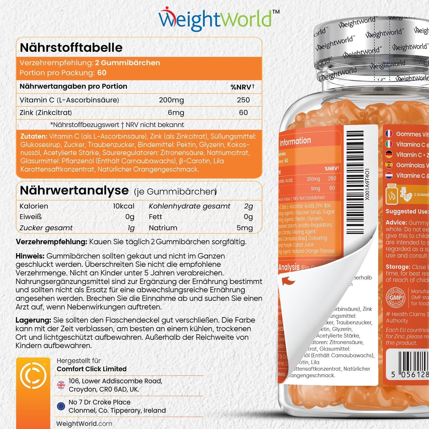 Weightworld Vitamin C & Zink Gummibärchen. Bottiglia, testo, tabella nutrizionale. 120 caramelle gommose. Ingredienti.