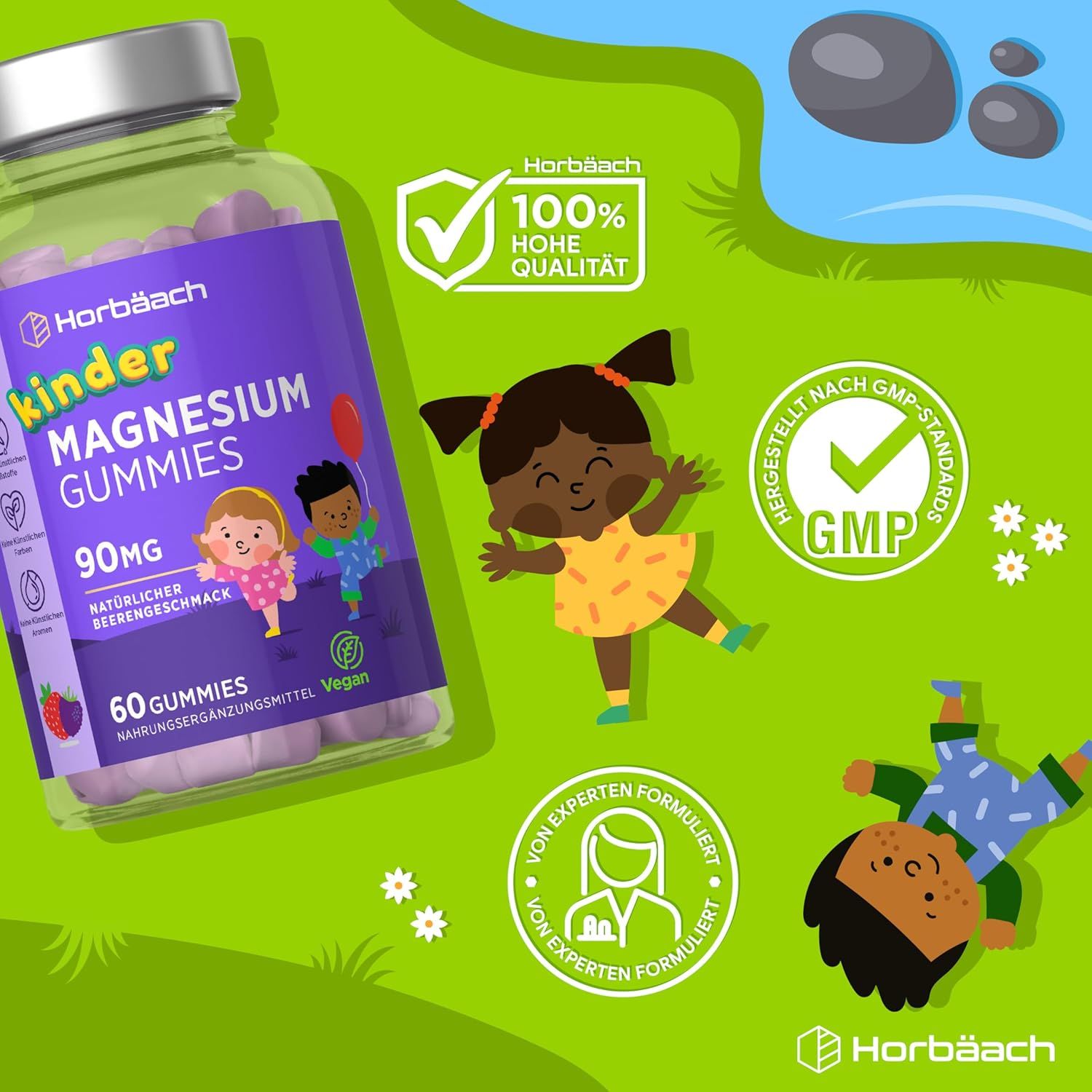 Flacone di Horbaach Kinder Magnesium Gummies. Testo: 100% alta qualità, certificato GMP, formulato da esperti. Con illustrazioni.