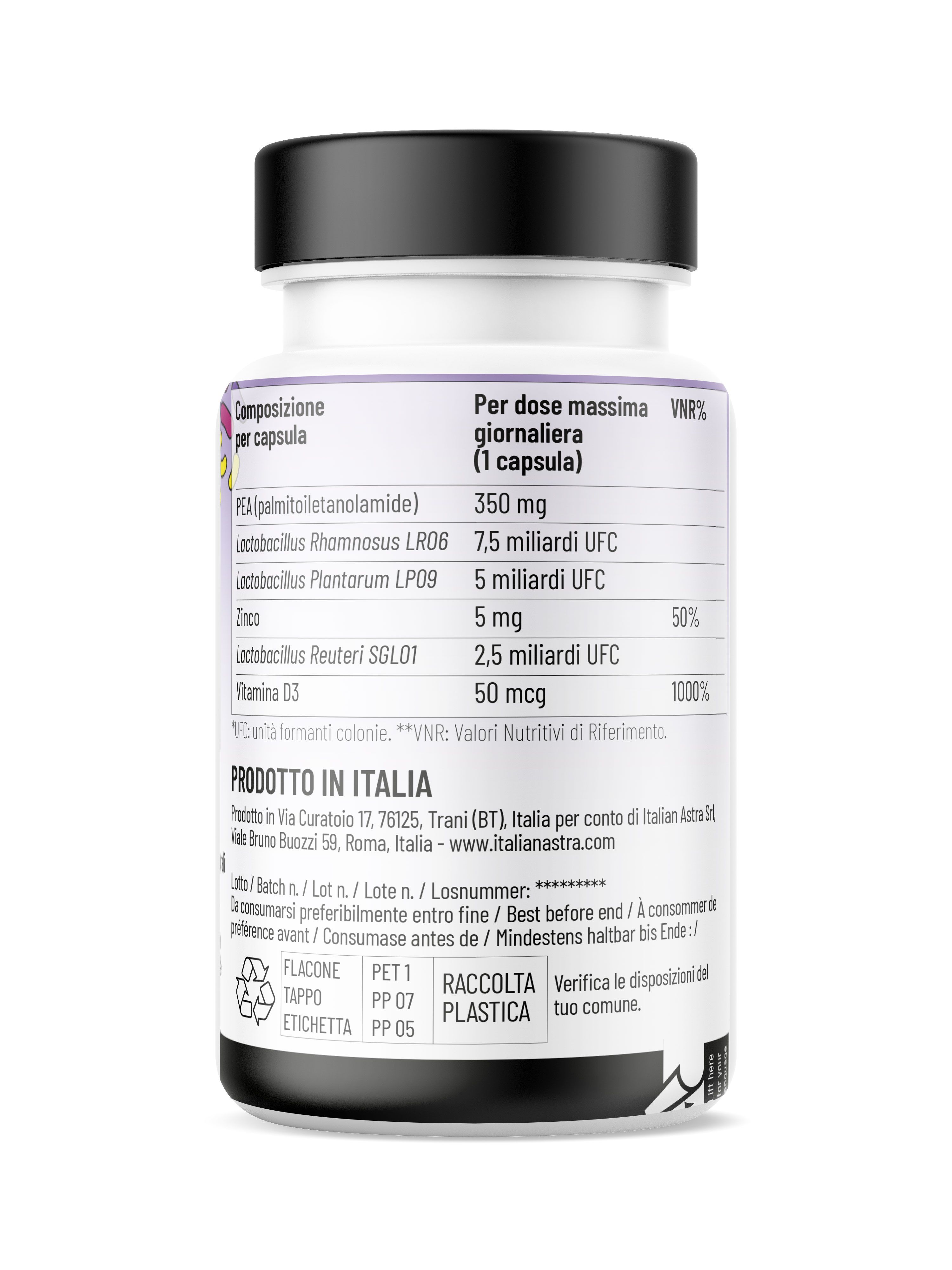 Retro della confezione di capsule PEAFEN. Contiene informazioni sugli ingredienti, il dosaggio e le informazioni nutrizionali. Prodotto in Italia.