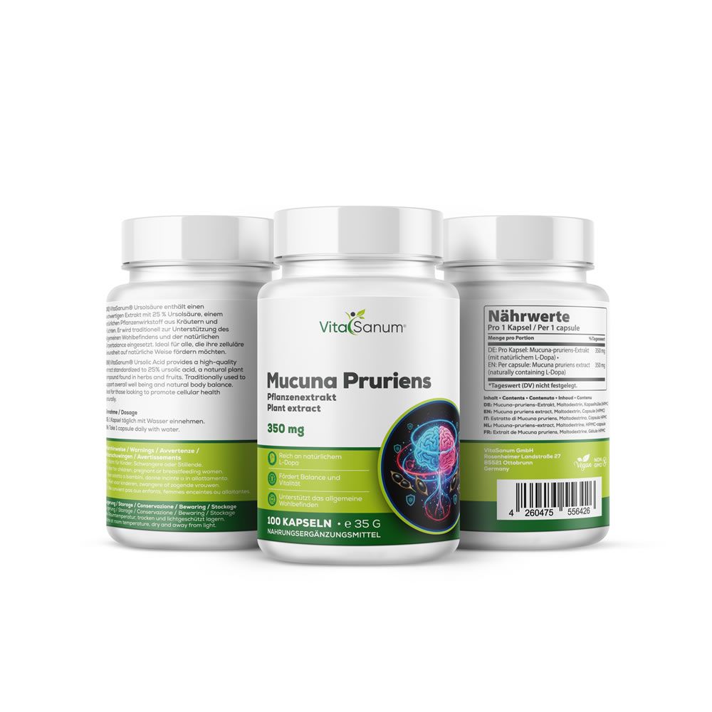 Tre flaconi bianchi di capsule VitaSanum® Mucuna Pruriens. Etichette con informazioni e valori nutrizionali.