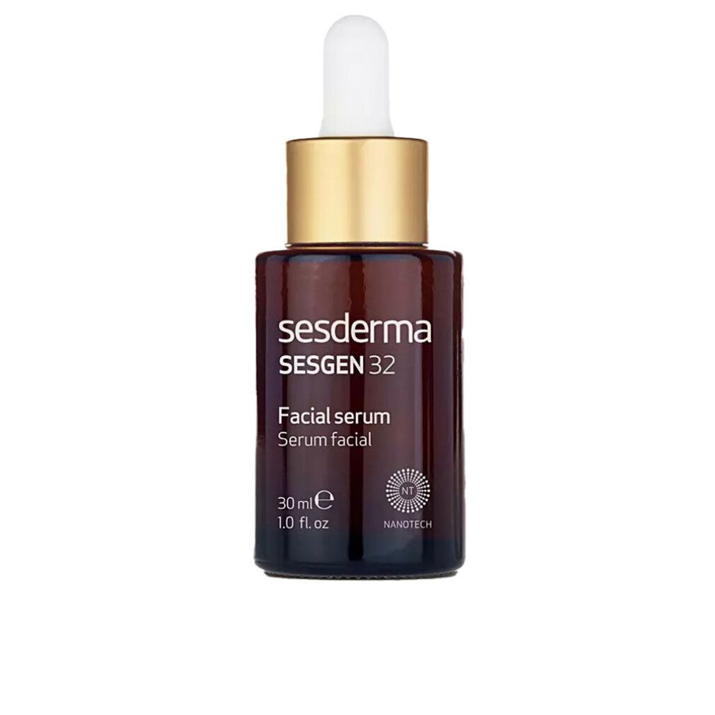 Flacone in vetro marrone con pipetta. Scritto: Sesgen 32, Siero viso. 30ml.