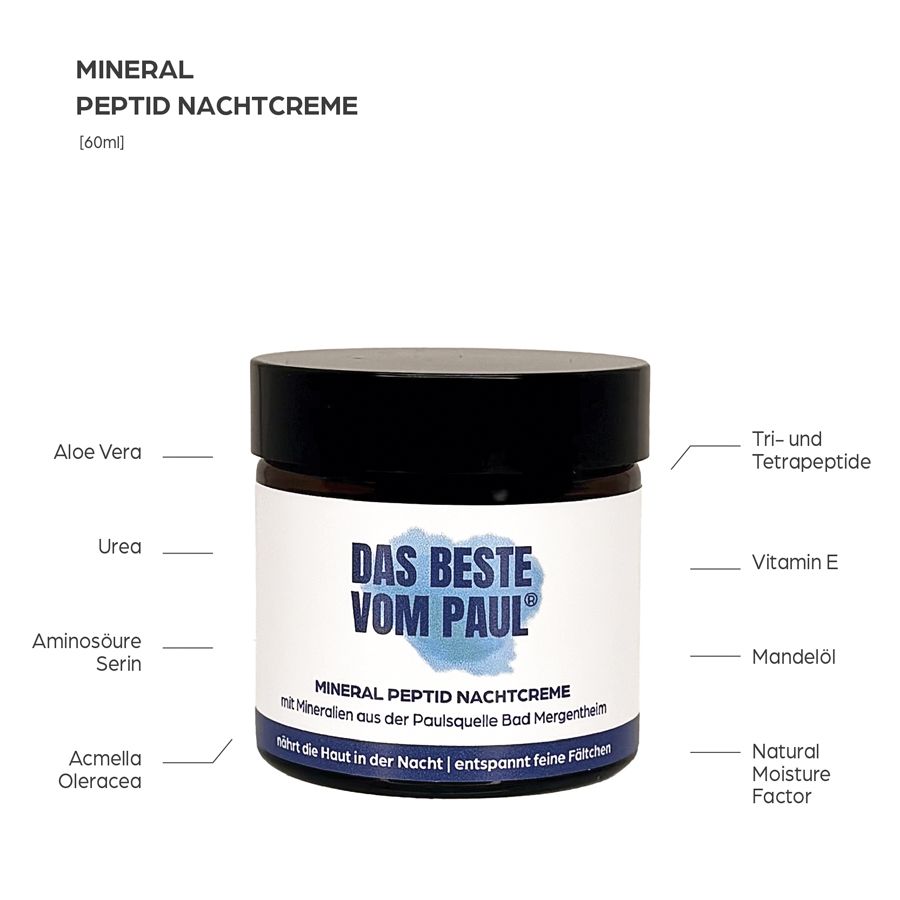 Vasetto con crema notte. Testo: DAS BESTE VOM PAUL. Ingredienti: Aloe Vera, Urea, Serina aminoacidica, Acmella Oleracea.