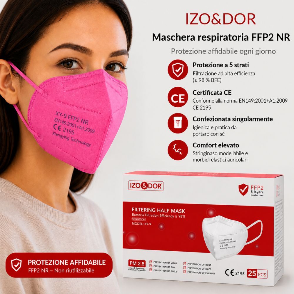 Donna con mascherina FFP2 rosa. Confezione prodotto con caratteristiche e certificazione.