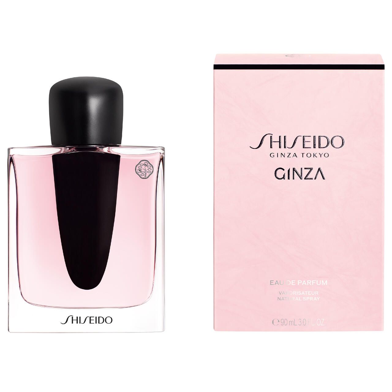 Scatola e flacone rosa. Flacone quadrato, nero, liquido rosa. Logo Shiseido Ginza.