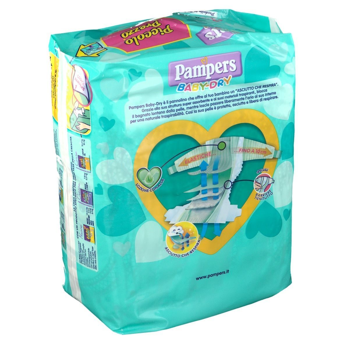 Confezione di pannolini Pampers Baby-Dry. Confezione turchese e verde con design a cuore. Informazioni e illustrazioni del prodotto sul davanti.