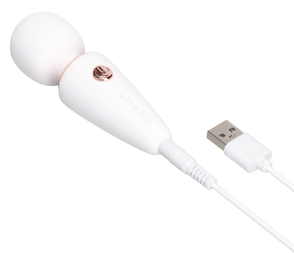 Vibratore bianco con cavo USB e porta di ricarica.