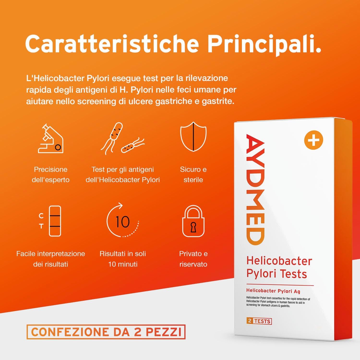 Test AYDMED Helicobacter Pylori. Confezione con strisce e icone. Testo: Precisione esperta, test degli antigeni Helicobacter Pylori.