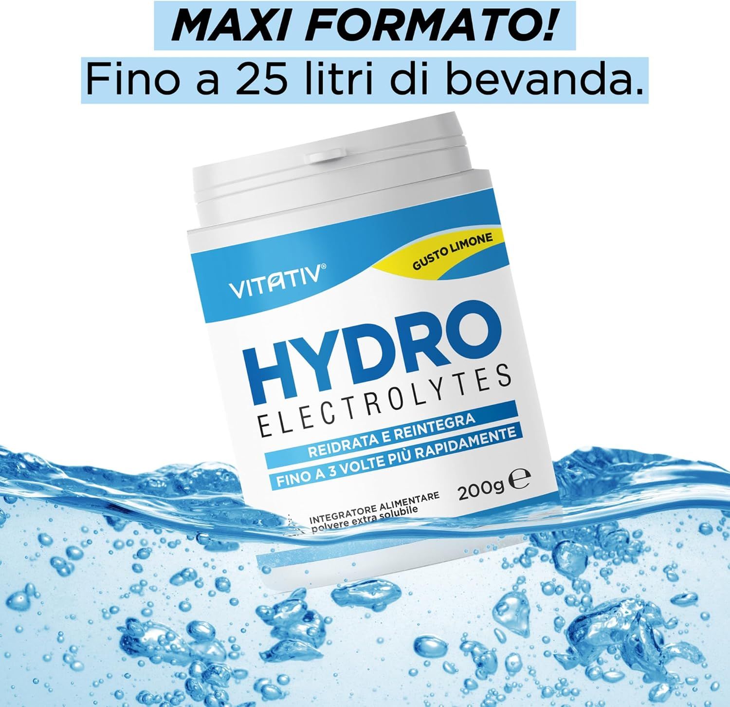 Barattolo bianco con etichetta blu. Testo: HYDRO Electrolytes, 200g, Gusto Limone. Galleggiante sull'acqua.